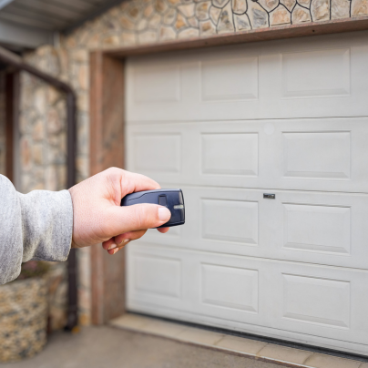 Salt Lake City security key fob pointing to a garage door